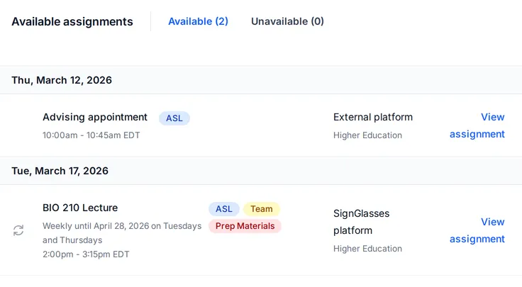 Available assignments: an Advising appointment on Thursday, March 12 on an external platform, and BIO 210 Lecture repeating Tuesdays and Thursdays, with ASL, Team, and Prep Materials badges.