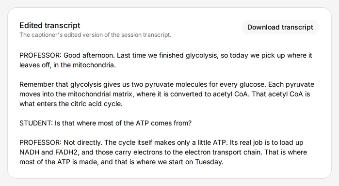 The Edited transcript card on a session recap, with a Download transcript button and the captioner's transcript of a biology lecture.