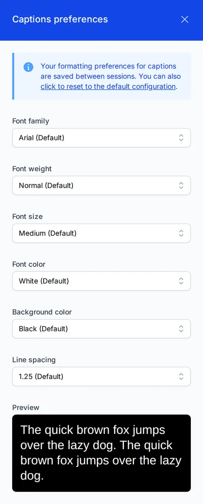 The Captions preferences panel: Font family, Font weight, Font size, Font color, Background color, and Line spacing, each at its default, above a preview of the captions.