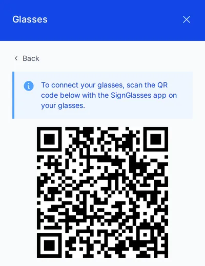 The Glasses panel in a session after Connect to this meeting: a note to scan the QR code with the SignGlasses app on your glasses, and the QR code.