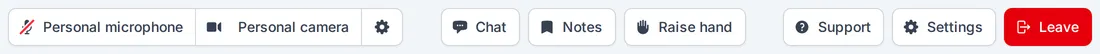 The control bar along the bottom of a session: Personal microphone, Personal camera, and a gear icon at the left; Chat, Notes, and Raise hand in the middle; Support, Settings, and Leave at the right.