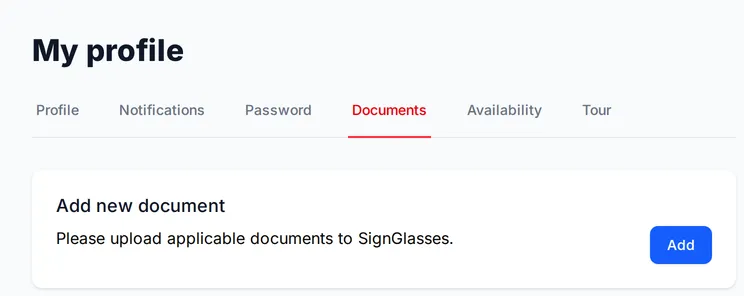 The Documents tab of My profile, showing the Add new document panel and its Add button.