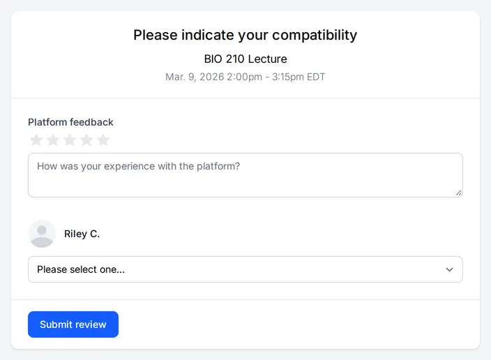The feedback page for BIO 210 Lecture as the interpreter sees it: five stars and a comment box for the platform, then a list to choose how compatible you were with Riley C., and Submit review.