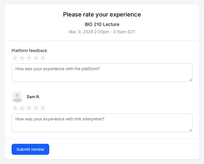 The feedback page for BIO 210 Lecture: five stars and a comment box for the platform, then five stars and a comment box for the interpreter, Sam R., and Submit review.