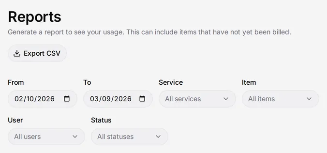 The Reports heading with Export CSV, and the From, To, Service, Item, User, and Status filters.