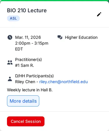 Details for BIO 210 Lecture opened from the calendar, with the pencil icon at the top right.