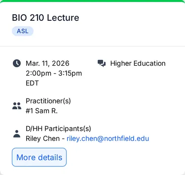 Details for BIO 210 Lecture opened from the calendar: date and time, topic, interpreter, participant, and a More details button.