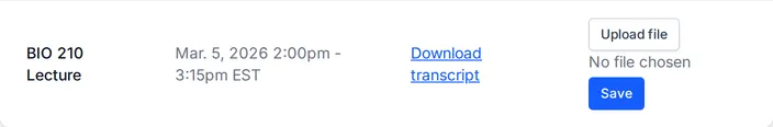 A BIO 210 Lecture row on the Transcripts page with a Download transcript link, Upload file, and Save.
