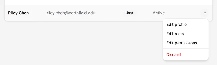 The actions menu open on Riley Chen's row in the Users list, where Riley is Active, offering Edit profile, Edit roles, Edit permissions, and Discard.