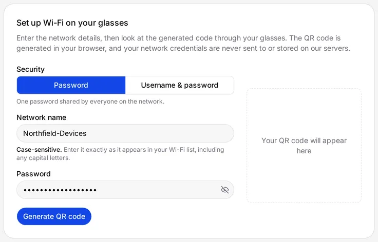 The Set up Wi-Fi on your glasses card with Password selected, Northfield-Devices as the network name, a hidden password, and the Generate QR code button.